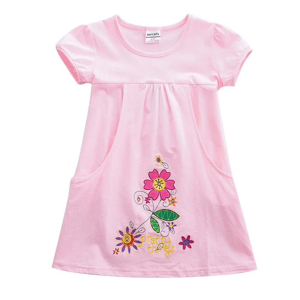 H7104-Pink-2 JUXINSU/Детские летние хлопковые платья с короткими рукавами и цветочным принтом для маленьких девочек; одежда для От 1 до 6 лет - Цвет: H7104-Pink-2