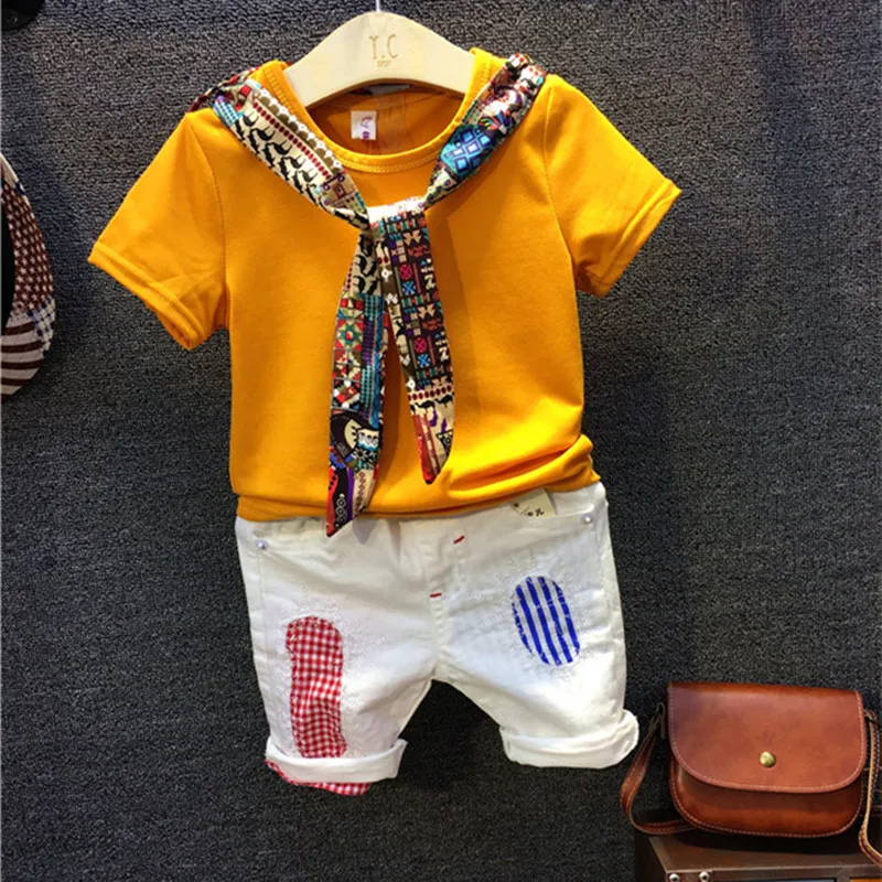 

DFXD New Children Clothing Sets 2018 Summer Fashion Cotton Yellow Short Sleeve T-shirt+Korean Casual Stitching White Pant 2-7Y