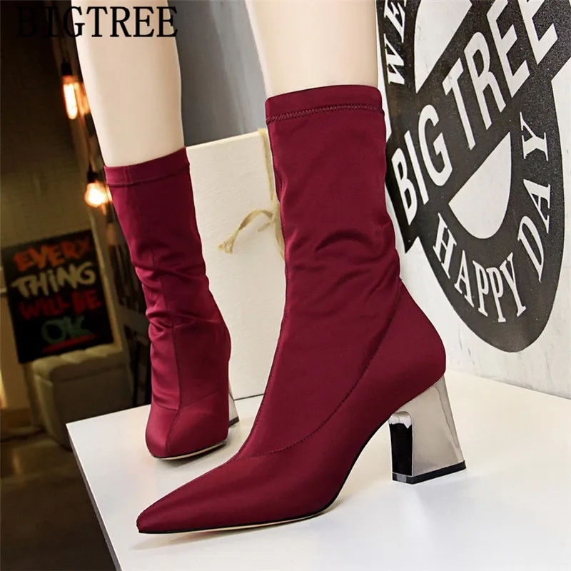 Bigtree обувь сапоги на высоком каблуке Женская с острым носком женские ботильоны