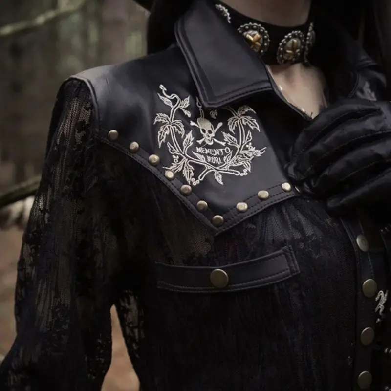 Sexy Lace PU Leather Jackets Coat Women Autumn Black See Through Tops Skull Print Fashion Punk Rivet Streetwear Outerwear Female