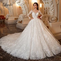 liyuke chapel train princess ball gown wedding dress with scalloped neckline and buttons closure