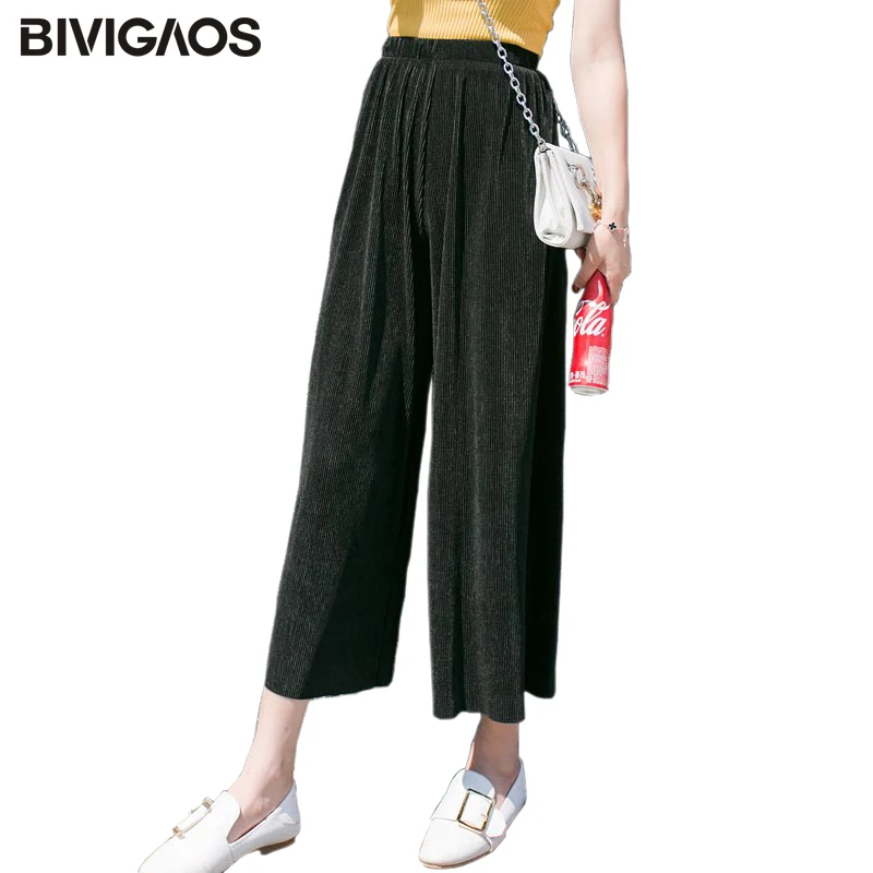 

BIVIGAOS Fashion Summer Pleat Chiffon Wide Leg Pants Womens Vertical Thread Elastic High Waist Cropped Casual Loose Pants Spring