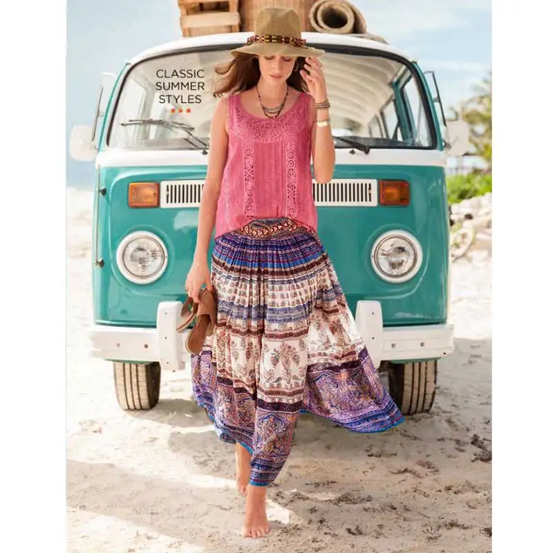 Boho Inspired rayon long skirt summer Autumn New Women's elastic waist Pleated Gypsy striped print saia 2018 chic faldas | Женская
