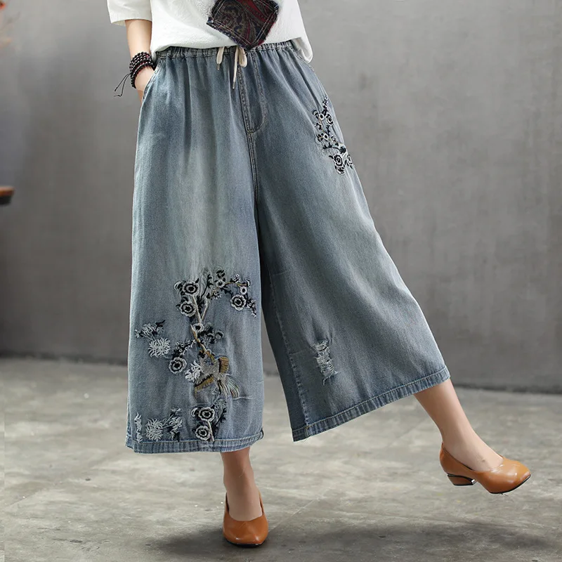 

summer wash embroidery painting flowers nine minutes pants cowboy female elastic waist wide-legged long pant girl big yards