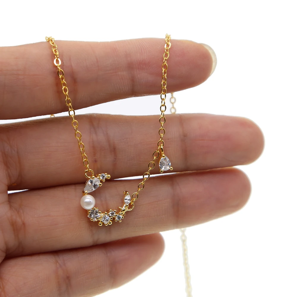 elegant romantic drip cz flower charm necklace deliate tiny 32+8cm choker boho jewerly for girls moon pearl sexy | Украшения и