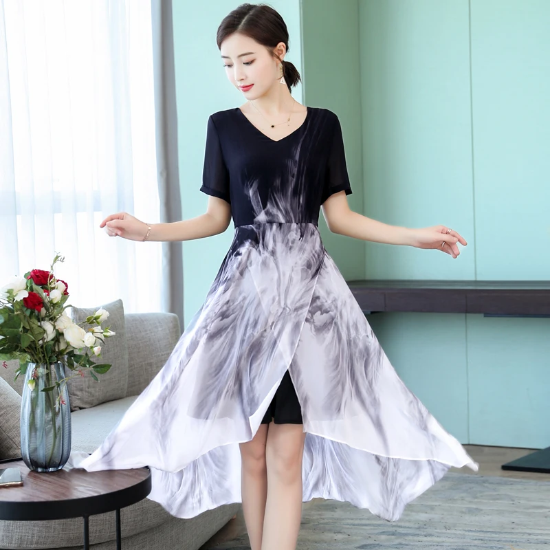 Женское платье с v образным вырезом и цветочным принтом винтажное асимметричное