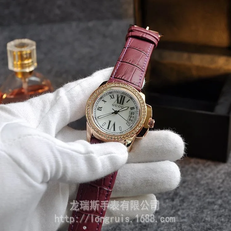 Модные брендовые женские Часы Guou со стразами ремешком и календарем прочные