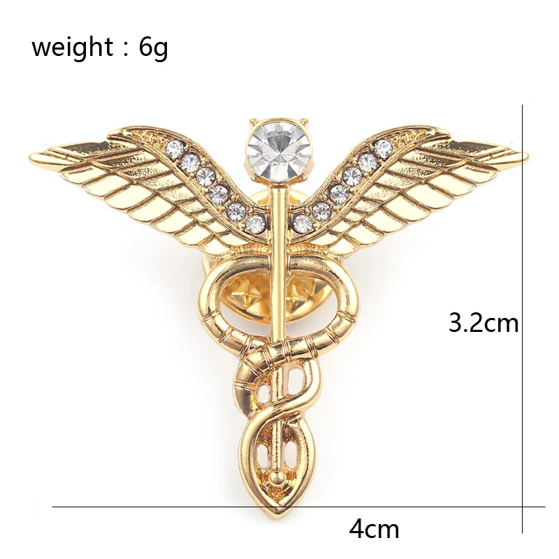 Брошь значок Caduceus золотого цвета с кристаллами брошь для медсестры студентов