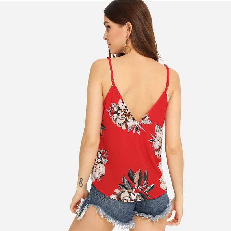 Шеин Двойной Глубокий V шеи цветочные Cami Top Boho Женская одежда Спагетти ремень топы Летний жилет топы