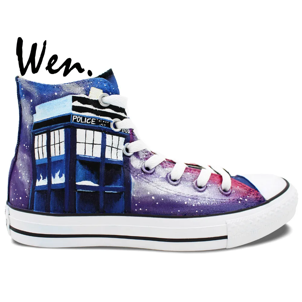 

Wen Hand Painted Shoes Design Custom Sneakers Dalek Weeping Angel Large Tardis Doctor Who Men Women's High Top Canvas Sneakers