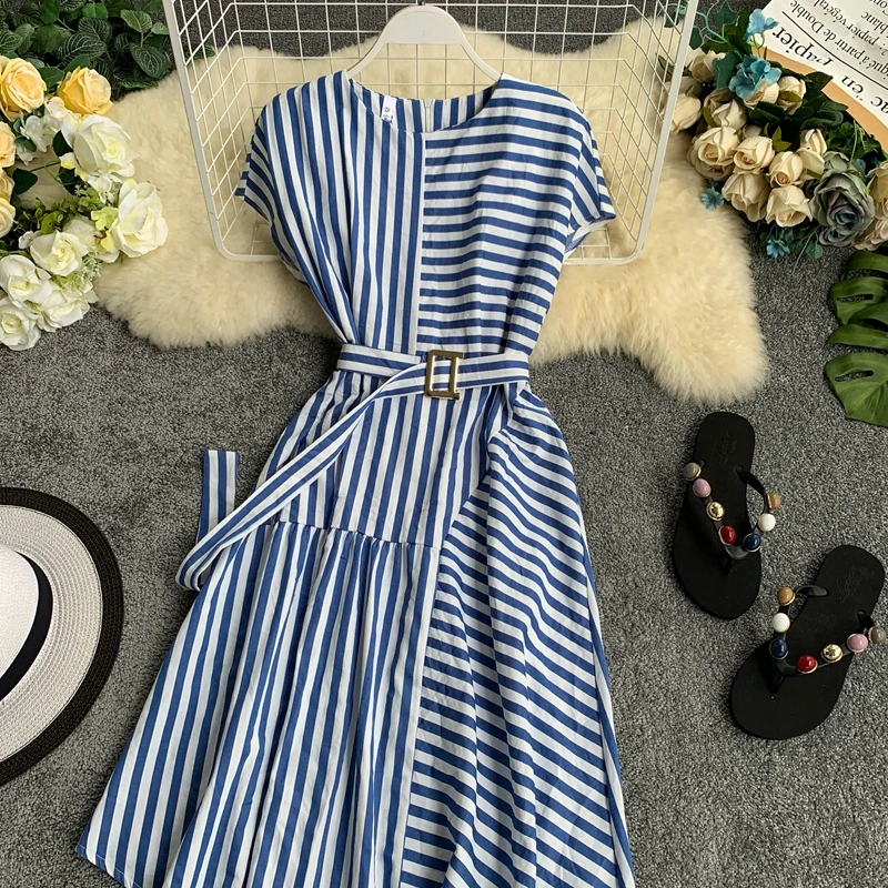 Neploe Полосатое женское платье, корейская мода, круглый вырез, короткий рукав, Vestidos, неровный шнурок, оборки, женские платья 44473