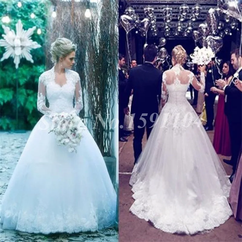 Привлекательный Бальное платье Свадебные Платья Полный Рукава Scoop Молния Суд