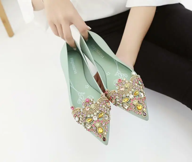 Women's Soft Rhinestones Crystal Pointed Toe Flat Sexy Loafers Sandals Jelly Candy Colors Casual Party Shoes Summer A1090