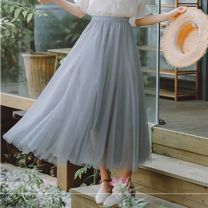 Powder Blue Colorfaith, новинка, весна-лето, Женская длинная сетчатая юбка, милая плиссированная юбка-пачка, расклешенное бальное платье, модное, с высокой талией, SK3921 - Цвет: Powder Blue