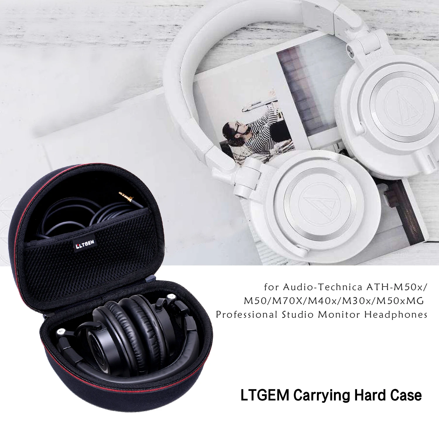 LTGEM EVA Black Hard Carrying Case for Audio-Technica ATH-M50x/M50/M70X/M40x/M30x/M50xMG Professional Studio Monitor Headphones