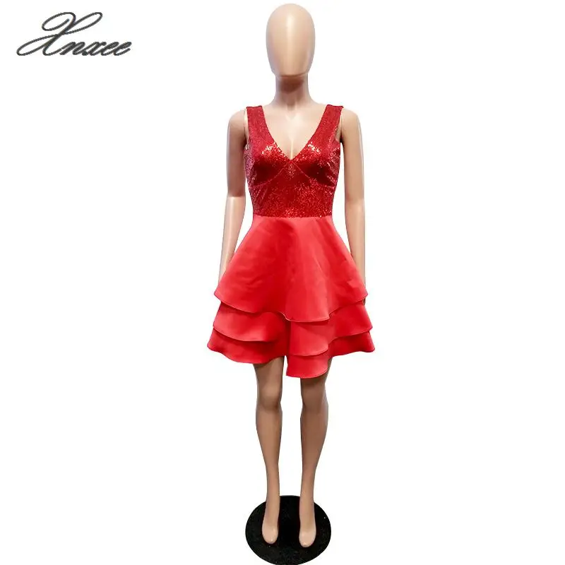

Women Sexy V Neck Sequins Femme Irregular Ruffles Patchwork Women Summer Party Dress