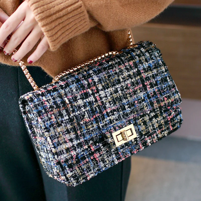 Jollque Women Messenger Gold Chain Cross Handbag Small Flap Shoulder Bags Vintage Clutch Winter Satchel Woolen Crossbody Bag | Багаж и