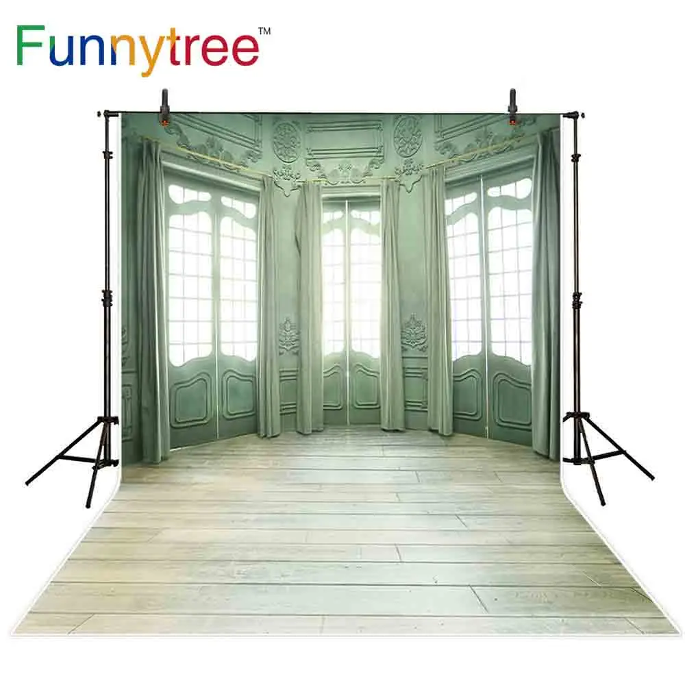 

Фон Funnytree для студийной фотосъемки, светло-зеленый занавес, винтажный фон для фотосъемки с изображением деревянного пола в помещении