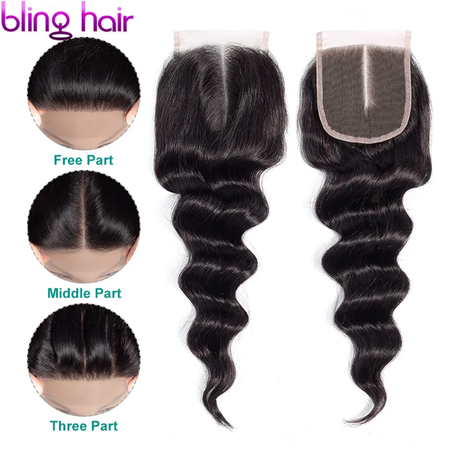 Bling Hair бразильские свободные глубокая волна человеческие волосы закрытие с ребенком волос 4*4 бесплатно/средний/три части remy волос натуральный цвет - Цвет: Естественный цвет