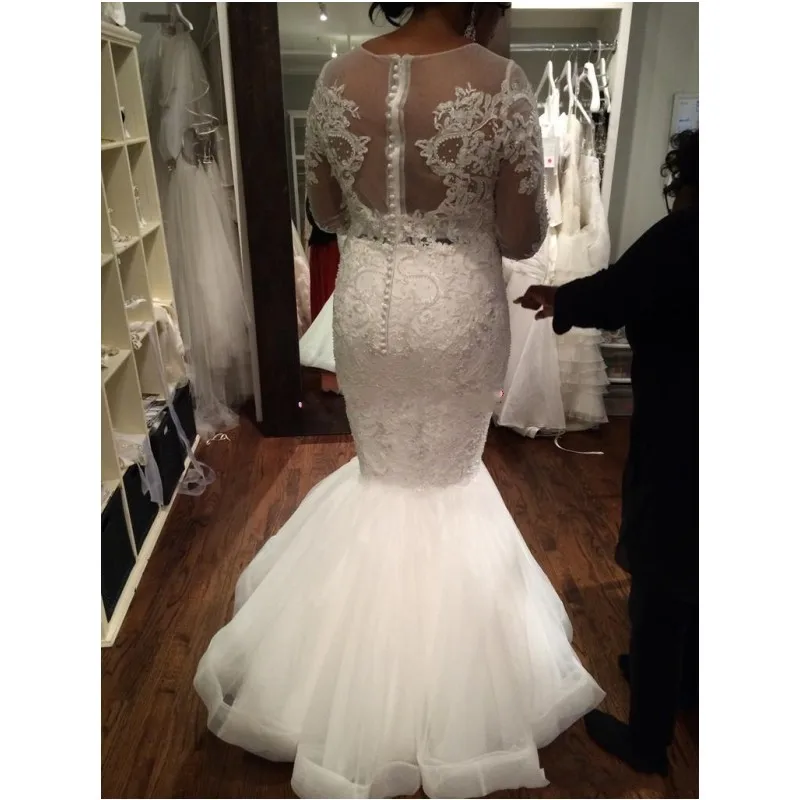 Модные Плюс Размер Свадебные Платья 2017 Половина Рукава Кружева Тюль Русалка