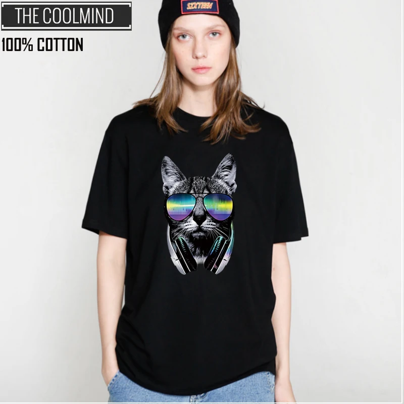 COOLMIND QI0313B хлопок классный музыкальный Кот-диджей принт Женская футболка Повседневная летняя женская футболка Свободная футболка Топы Футболки