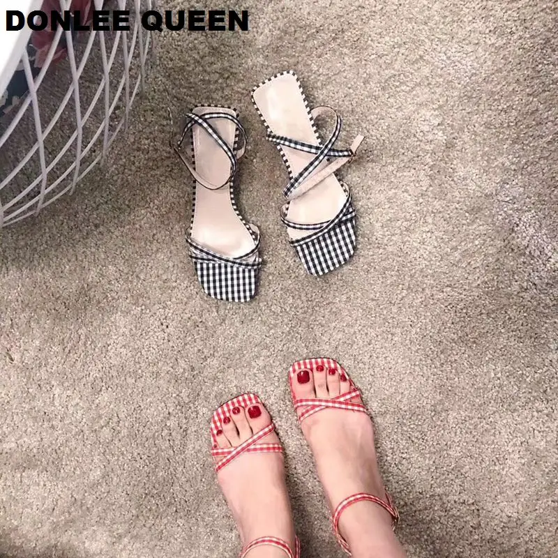 2019 Fashion Plaid Fabric Narrow Band Cross Women Sandals Square Heel Ladies Concise Summer Shoes Ankle Strap Back | Обувь