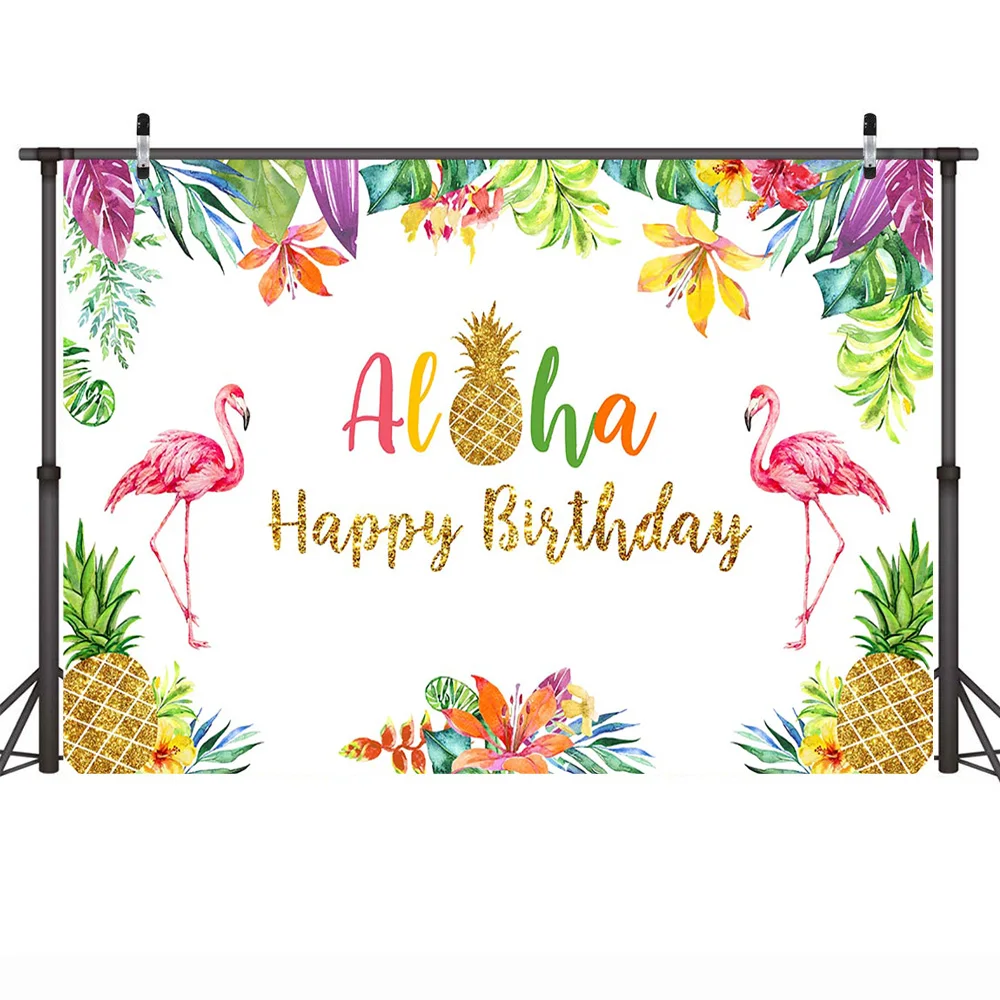 Tropical Flamingo Happy Birthday Backdrop Aloha Gold Pineapple Hawaii Party Photography Backdrops Studio Props | Электроника