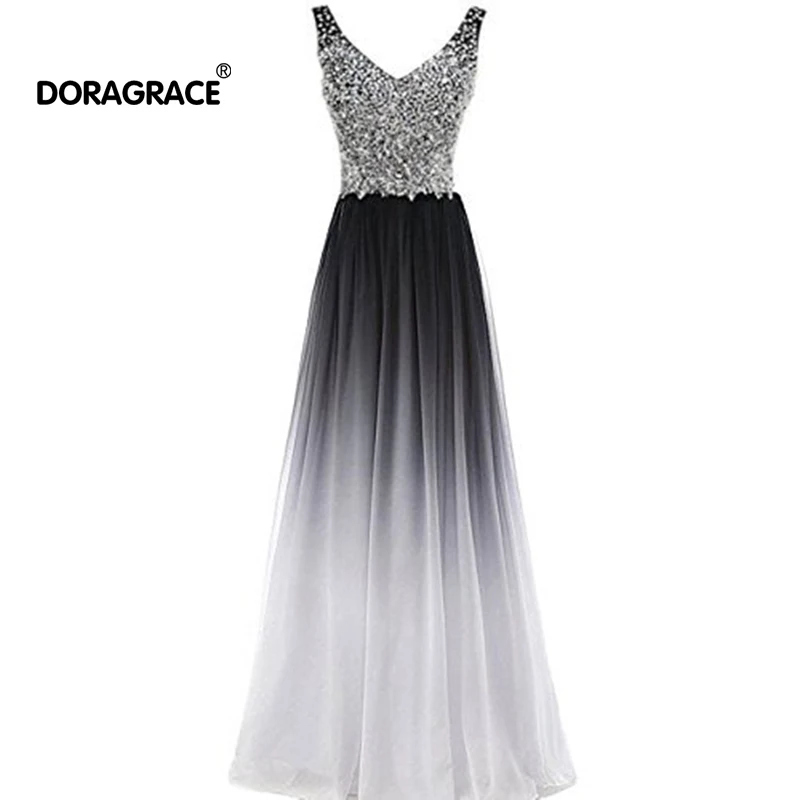 Doragrace robe de soiree бисером шифон v-образным вырезом без рукавов размера плюс градиентные Вечерние платья Длинные платья для выпускного вечера