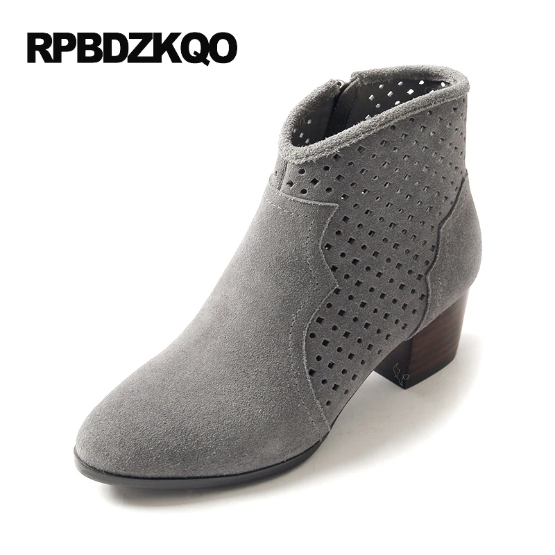 

Cut Out Cutout Ankle Side Zip Boots Booties Genuine Leather High Heel Round Toe 2021 Ladies Autumn Shoes Fall Grey Women Chunky