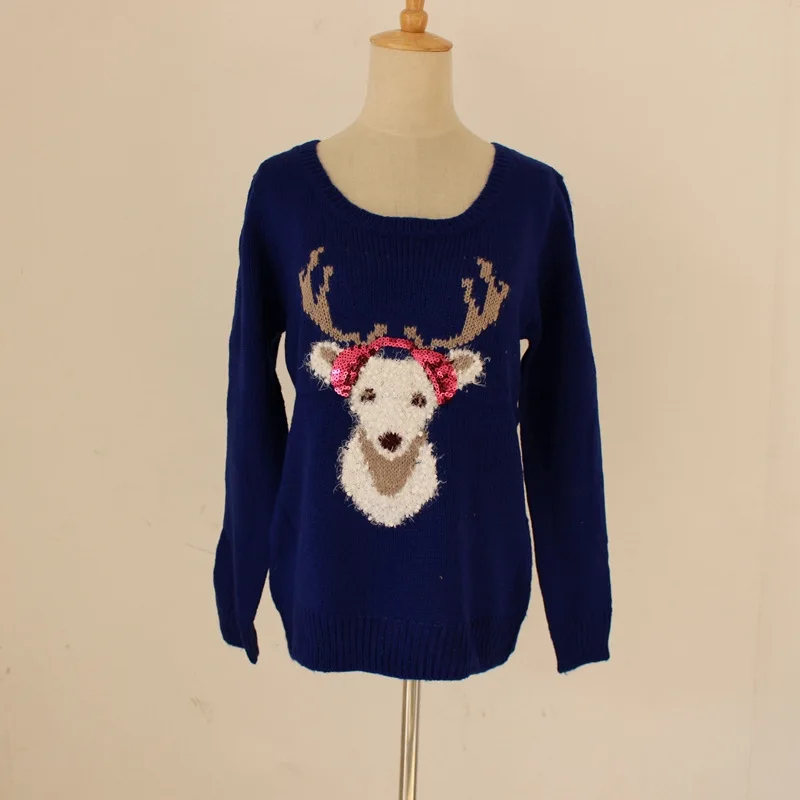 Ugly Sweater Christmas Women Deer Embroidery Sequines Knitted Pullover Jumper Top Autumn Winter Sueter Mujer pull femme C89593 | Женская