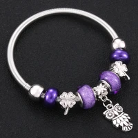 trendy elastic metal beading antique original owl charm bracelets for women glass beads brand bracelet bangle diy jewelry gift