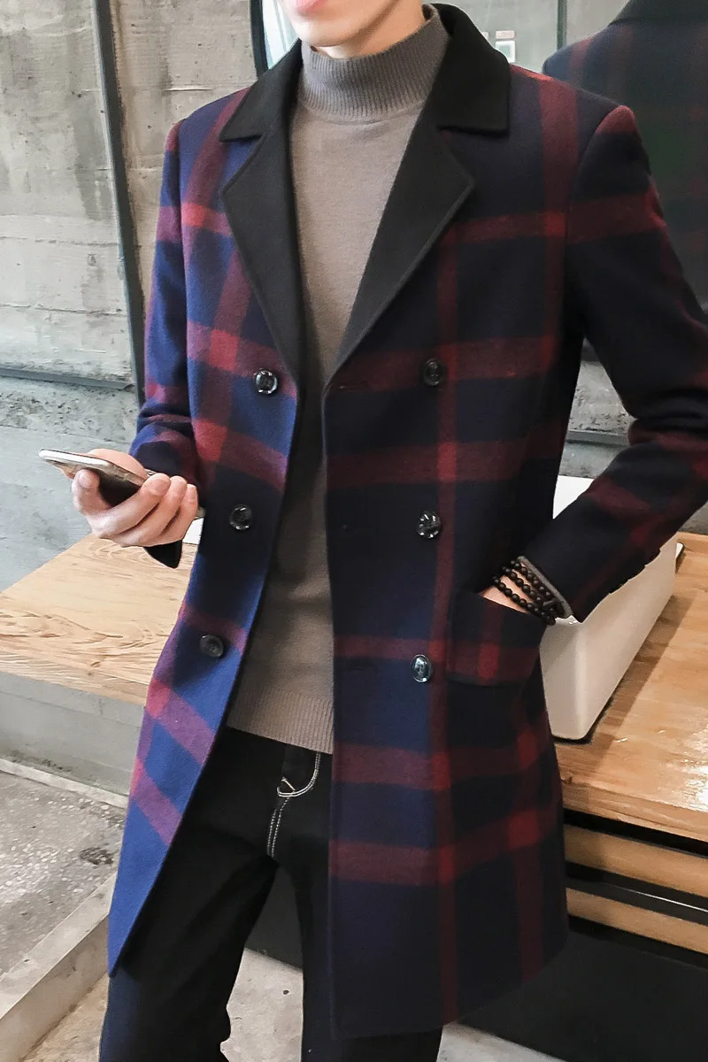 Сезон 2018 шерстяное пальто в клетку Qiu dong Мужская ветровка длинная Молодежная