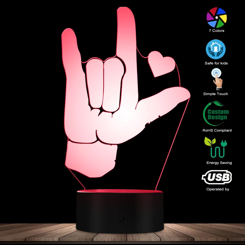 I Love You ASL Американский язык жестов 3D оптический иллюзионный светильник USB современный ночник светящийся светодиодный светильник домашний декор настольная лампа
