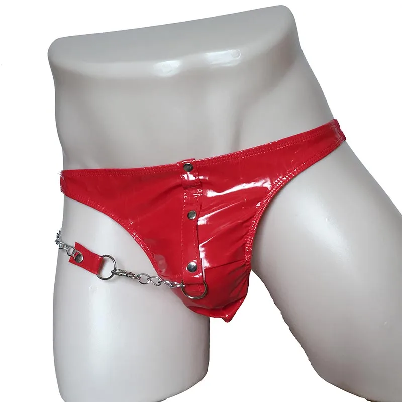 

Sexy Lingerie Patent Leather Wet Look PVC Vinyl Cock Pouch Brief with Side Metal Chain Thong Fetish Bikini Male Underwear