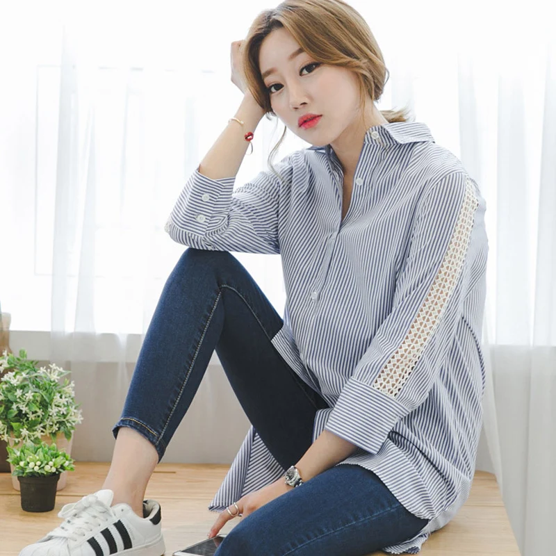 Новые весенние женские модные полосатые рубашки размер M-L корейский стиль одежда