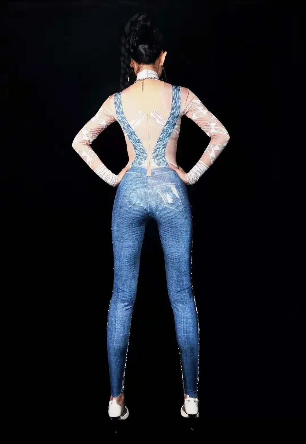 

new Women Sexy Stage Jumpsuit denim print Glisten Bodysuit Dance Costume Birthday Celebrate Singer Dance Evening Bodysuit