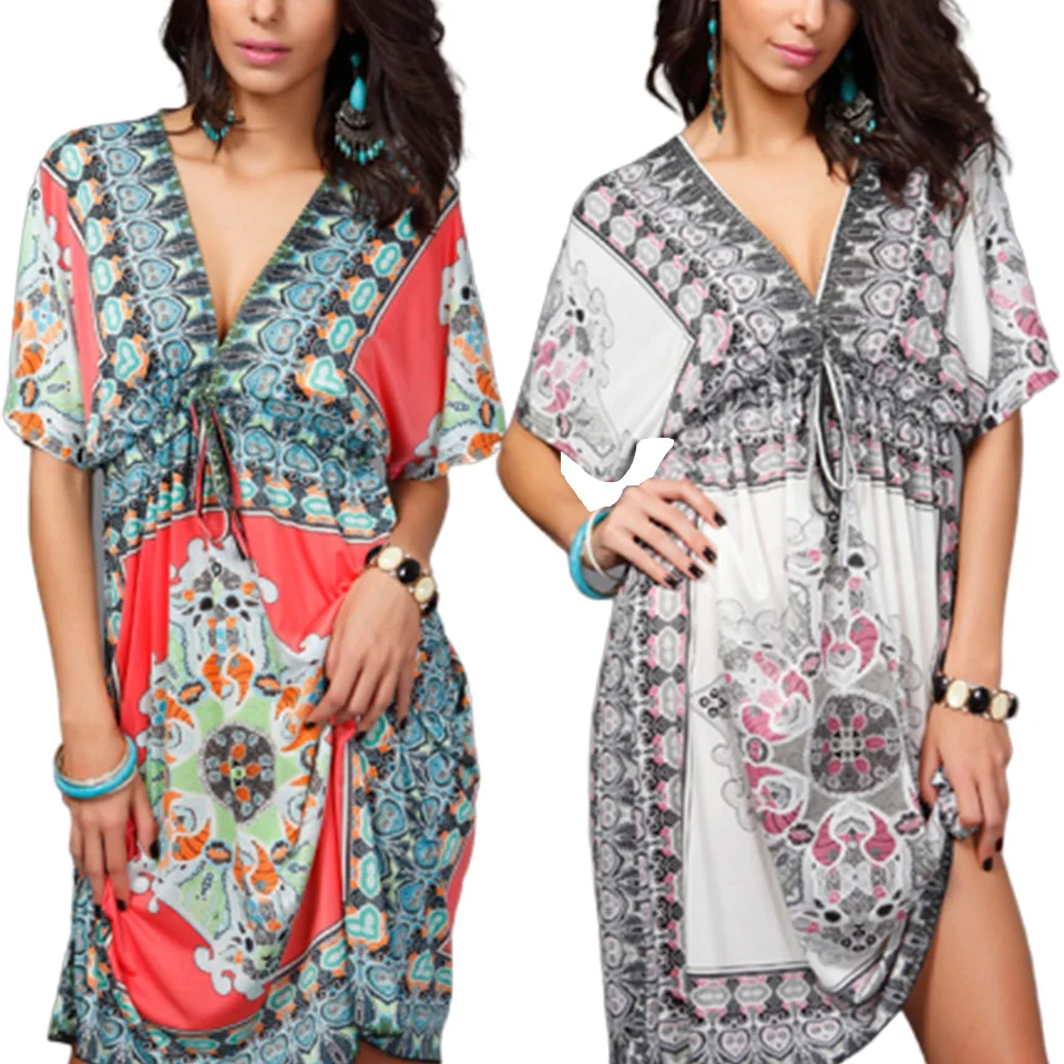 

Bohemian Ethnic Clothing Plus Size Dress Deep V Neck Sukienka Casual Sundresses Women Fashion Beach Robe Femme 2021 Hippie Boho