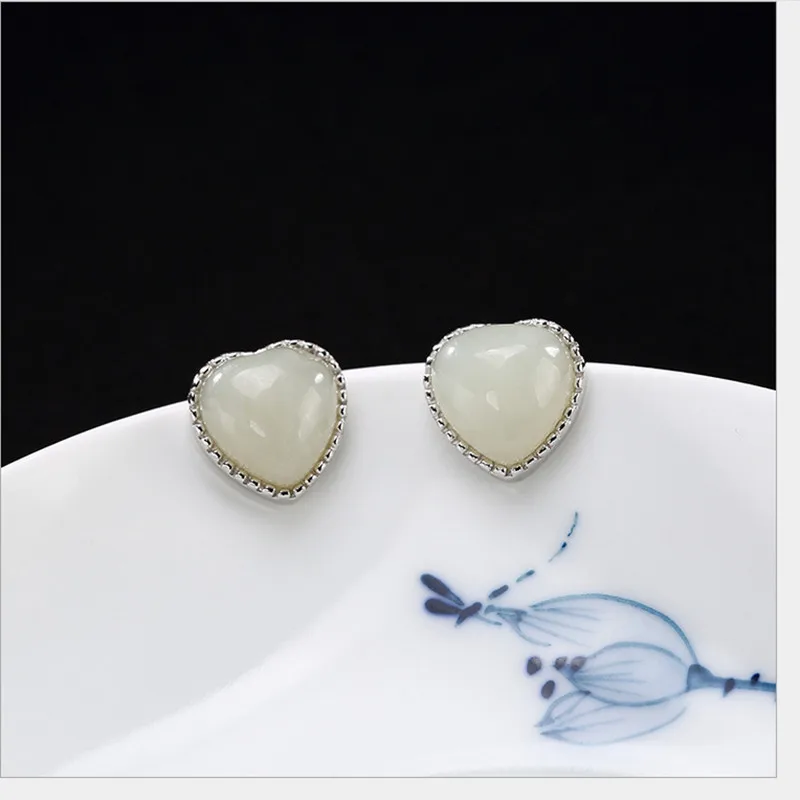 Uglyless Sweet Heart Stud Earrings for Women Luxury Natural White Jade LOVE Fine Jewelry 100% Solid 925 Silver Studs Gift Bijoux | Украшения