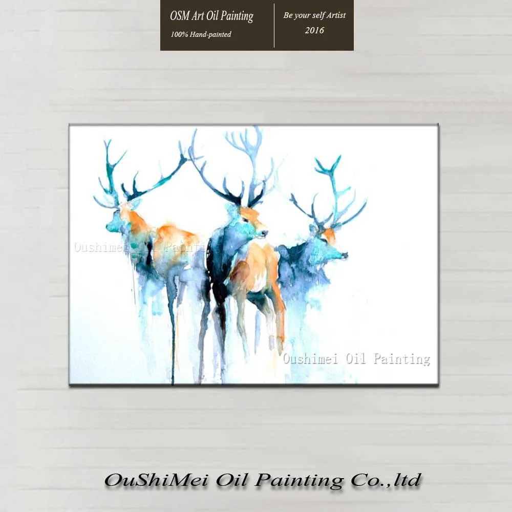Ручная роспись современный синий олень картина маслом для украшения стен 3 оленя