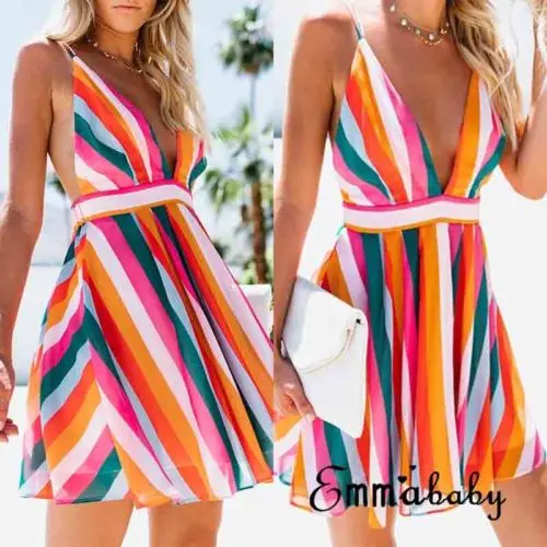 2019 Thefound новые летние женские Boho глубоким v-образным вырезом Короткие мини платья