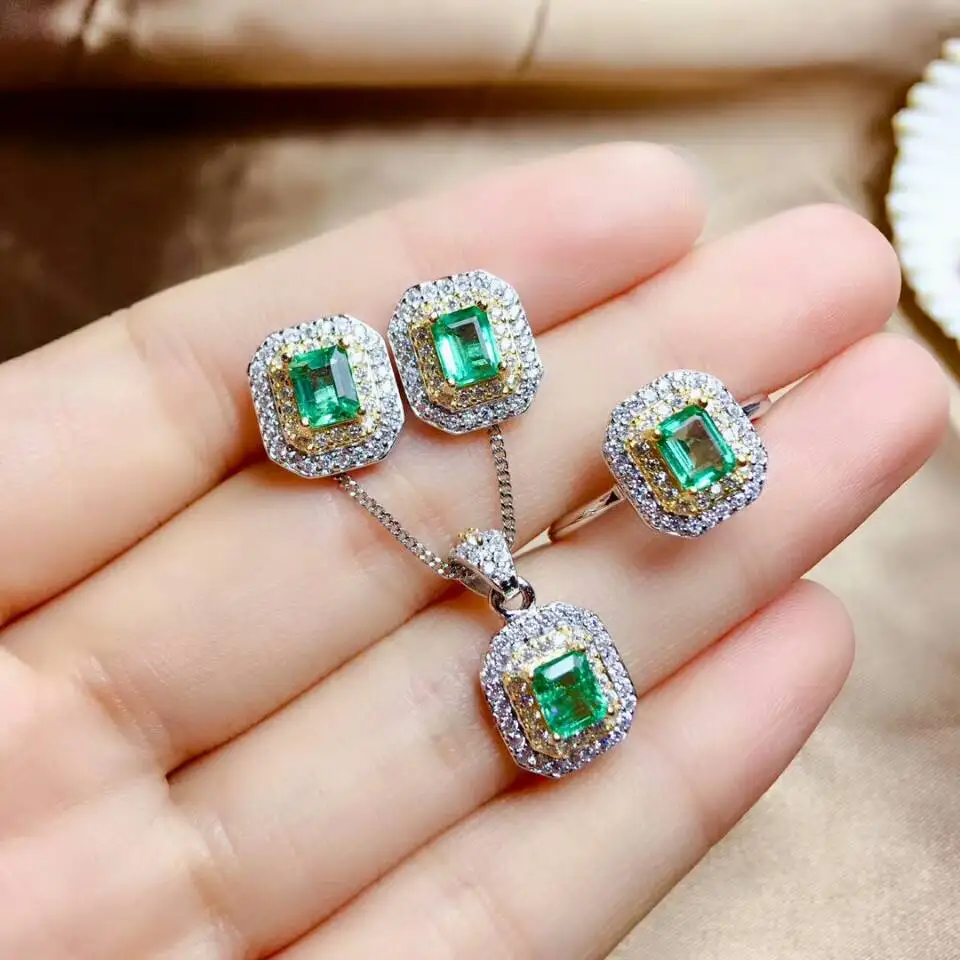 

MeiBaPJ Luxurious Natural Columbia Emerald Gemstone Jewelry Set 925 Sterling Silver 3 Siut Green Stone Fine Jewelry for Women