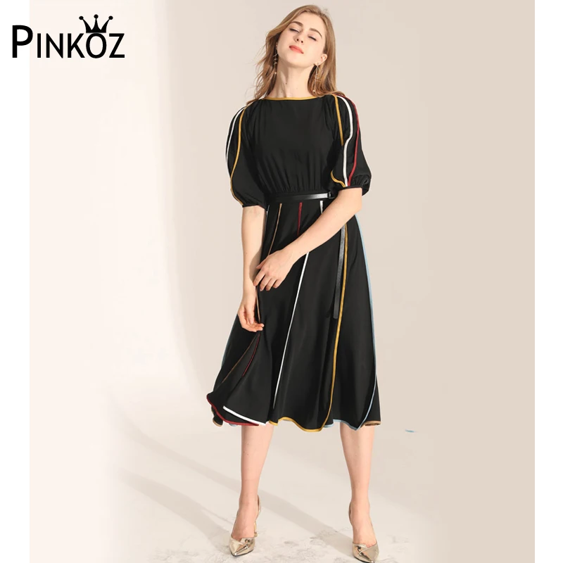 Pinkoz 2018 взлетно-посадочной полосы Роскошные черные полосатые платья Для женщин