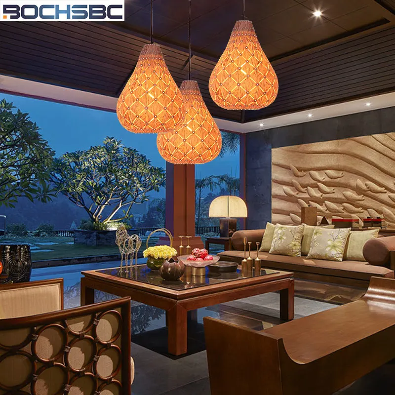 

BOCHSBC Woodskin Lampshade Pendant Light for Dinning Room Cafe Bar Southeast Asia Simple Creative Hanging Lamp Art Light Fixture