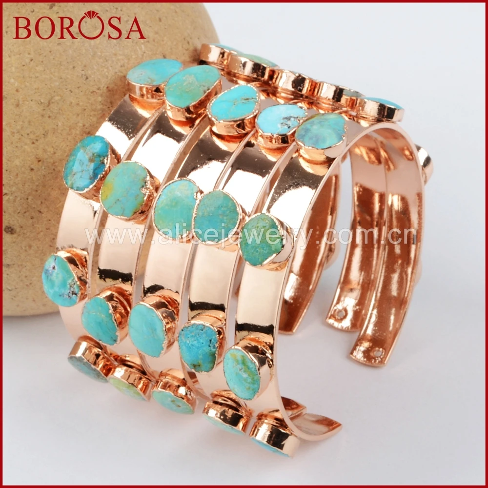 BOROSA 3/5PCS Fashion Rose Gold Color Seven Natural Turquoises Bangle Blue Stone Gems Bracelet Jewelry for Women R1341 | Украшения и