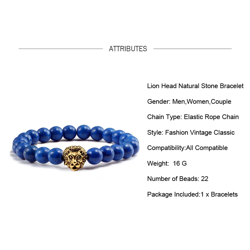 Fashion Lion Head Bracelet Buddha Beads Bracelets Bangles Charm Dark Blue Colour Natural Stone Yoga Bangle Jewelry For Women Men | Украшения