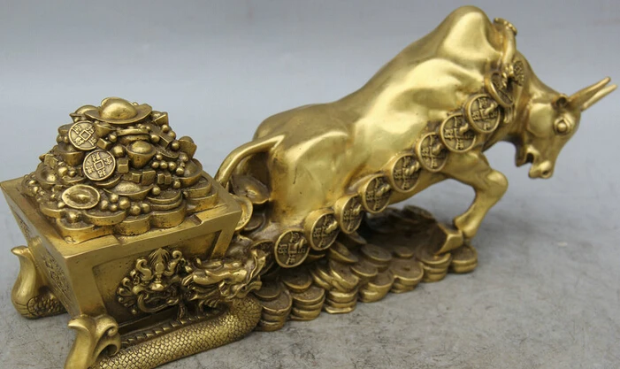 JP S62 14 &quotКитайская латунь богатство деньги Дракон бык Oxen draw вагоны Сокровище Чаша
