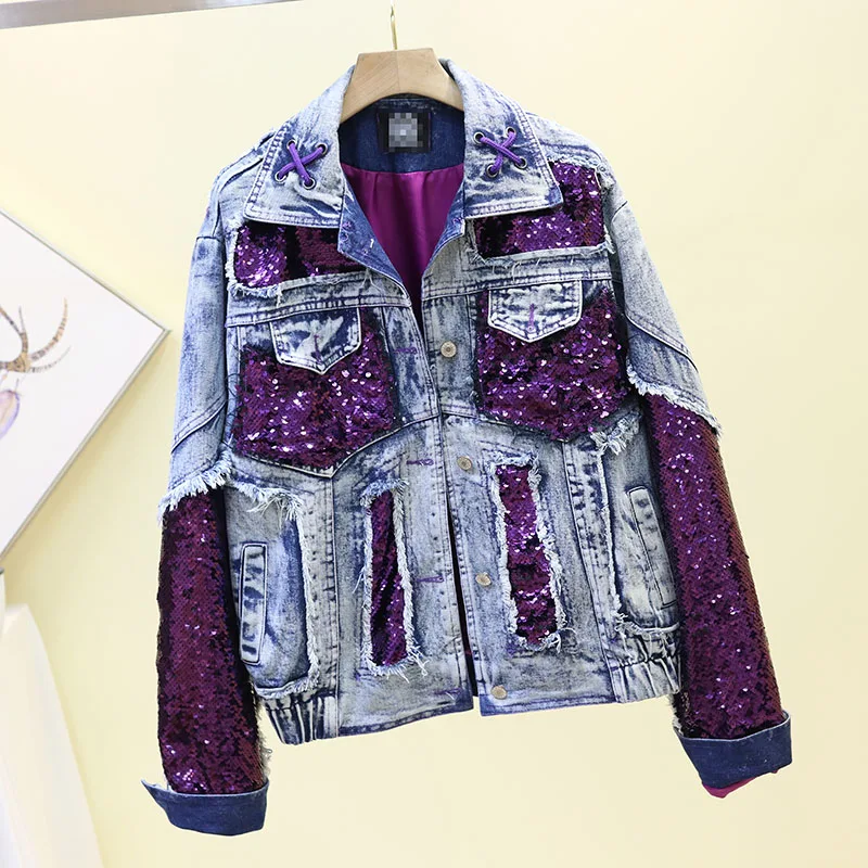 Пайетки сращены Толстая джинсовая куртка Для женщин Свободные модные Harajuku