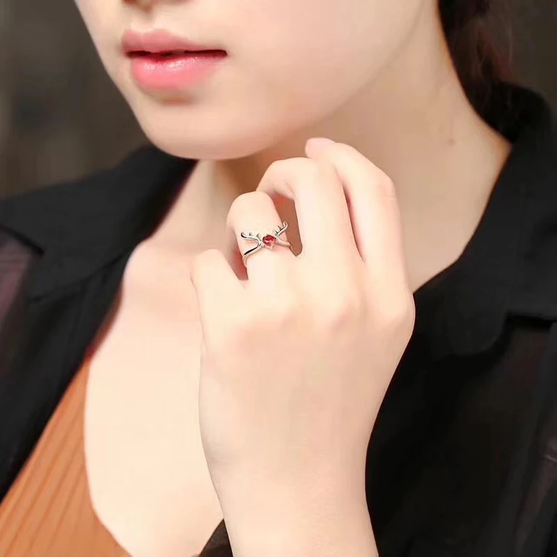 

Natural blue topaz gem Ring Natural red garnet ring S925 sterling silver trendy Delicacy Lovely deer women girl gift Jewelry