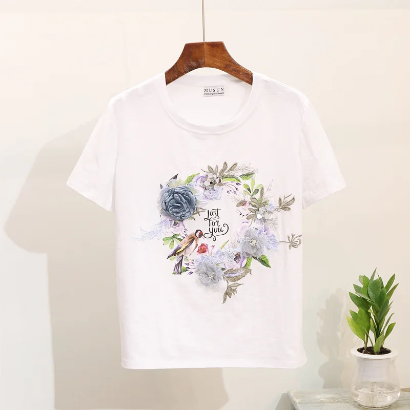 White Tshirt Only Amolapha для женщин тяжелая работа 3D цветок печатных хлопок футболки+ джинсы 2 шт. комплекты одежды костюмы - Цвет: White Tshirt Only
