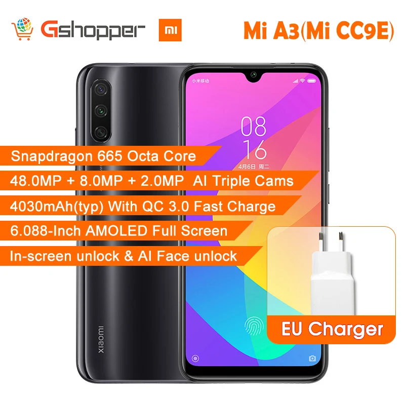 Глобальная версия Xiaomi mi A3 в наличии 4 Гб 64 32 Мп + 48мп камера 4030 мАч мобильный